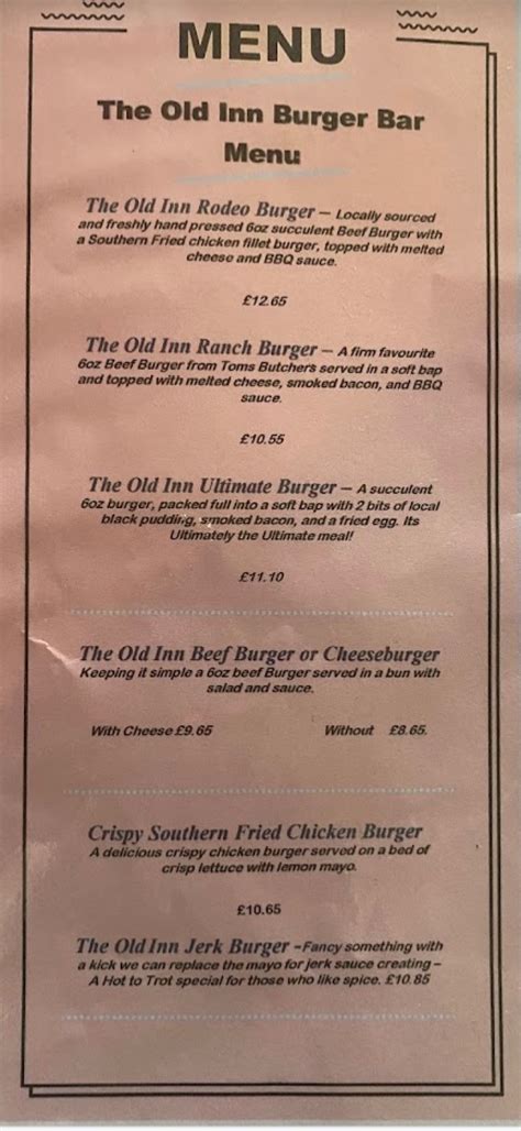 The Old Inn Taunton's full menu online