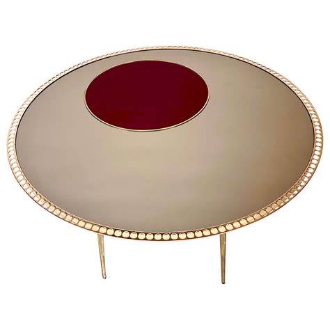 Late 20th Century Brass w/ Bronzed Mirror and Red Opaline Glass Round Coffee Table For Sale at ...