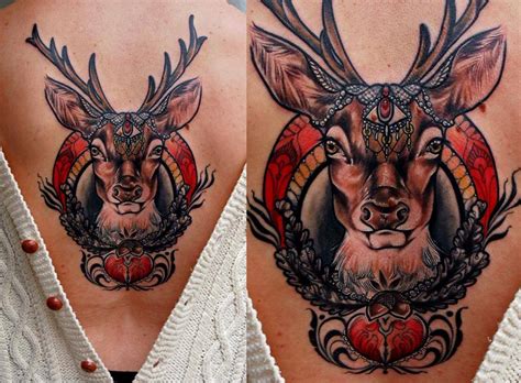 Deer Tattoo On Left Back Shoulder by Daniel Rozo