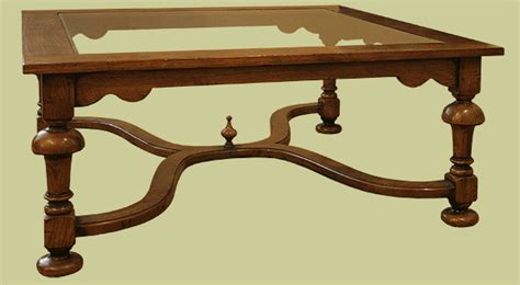 Large Square Glass Top Crinoline Stretcher Oak Coffee Table