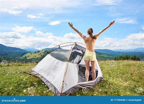 Woman Tourist Hiking in Mountain Trail, Enjoying Summer Sunny Morning in Mountains Near Tent ...