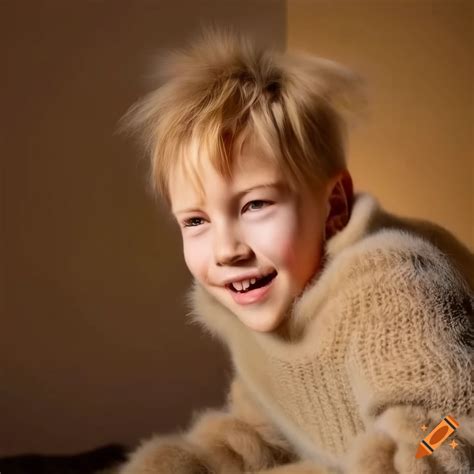 Blond boy resting on fur rug wearing fuzzy mohair sweater on Craiyon