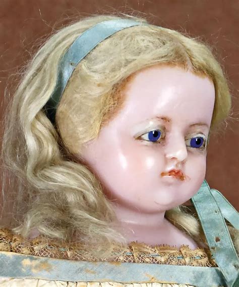 splendid wax shoulder headed doll, c. 1850, 67 cm, fix inset blue glass ...