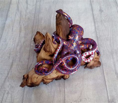 Polymer clay octopus sculpture on driftwood, OOAK octopus ornament, gift for octopus lovers ...