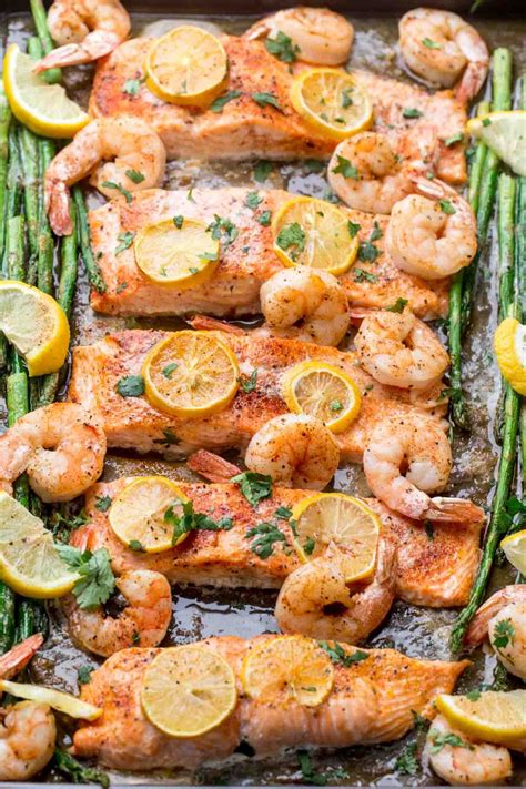 Simple recipe for baked salmon with shrimp and asparagus. The perfect ...