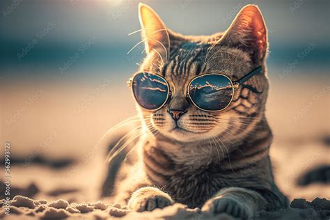 Cool cat with sunglasses on the beach Stock Illustration | Adobe Stock