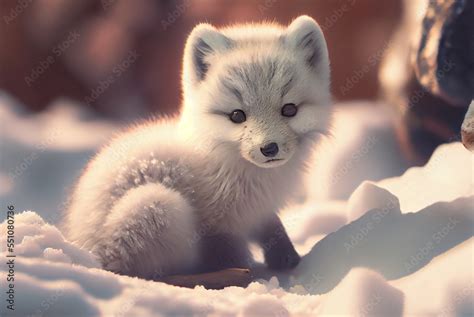 Baby Arctic fox (Vulpes Lagopus) in snow habitat, winter landscape ...