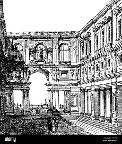 Courtyard of Uffizi Gallery, Renaissance building, Florence, Italy, illustration from Soviet ...