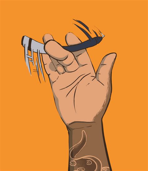 a drawing of a hand holding an object in it's right hand with scissors stuck to it