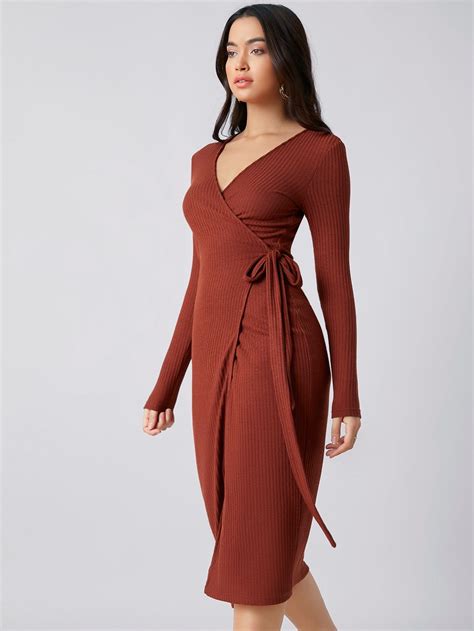 SHEIN Rib-knit Wrap Belted Dress | Red wrap dress, Knit wrap dress, Belted dress