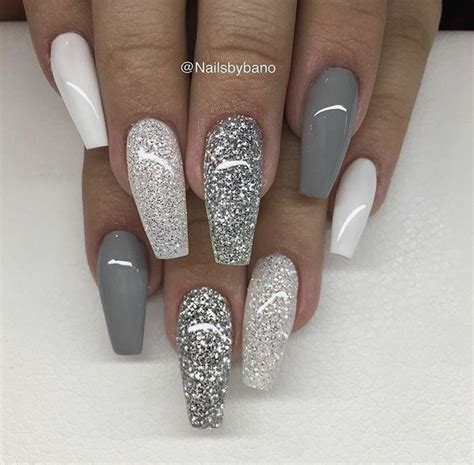 Grey and white sparkly nails | White glitter nails, Bridesmaids nails, Sparkly nails