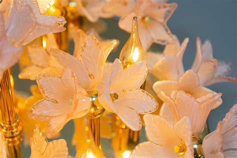 Italian Murano Glass Light Pastel Pink Flowers and Brass Six-Light Flush Mount For Sale at 1stDibs