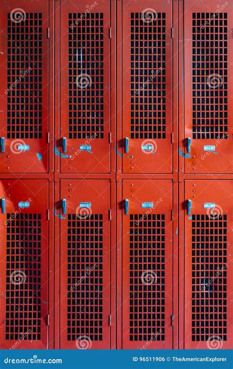 Abandoned School Locker Room with Orange Lockers Stock Photo - Image of grime, central: 96511906