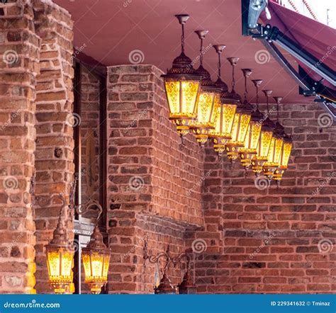 Brick Wall with Lights.Outdoor Building Decorative Lighting Stock Photo ...