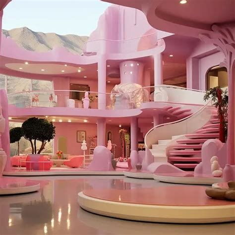 the interior of a pink house with staircases and large circular stairs in the center