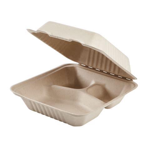 Large Biodegradable 3 Compartment Takeout Boxes - 8x8 Carry Out Container