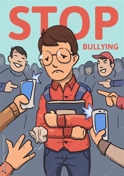 Stop school bullying poster. Phones and fingers pointing at schoolboy surrounded by laughing ...