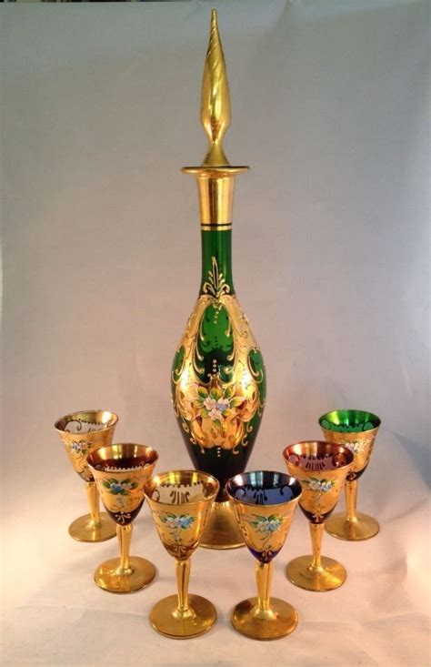 Murano Venetian Art Glass Decanter Set & 6 Glasses Wine Cordials ...