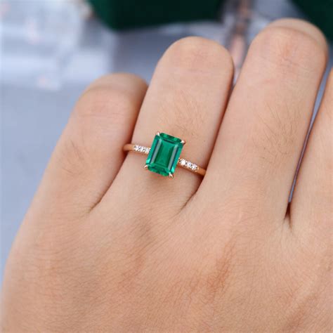 Rose Gold Emerald Cut Emerald and Diamond Engagement Rings - MollyJewelryUS