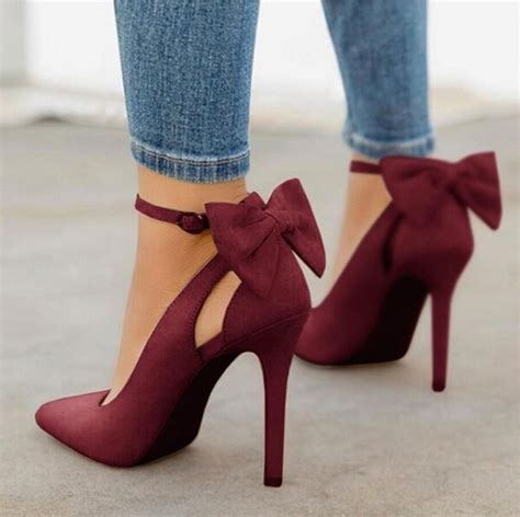 Wine Red Suede Pointed Toe Back Bowtie Women Thin High Heel Pumps Stiletto Party Shoes | Heels ...