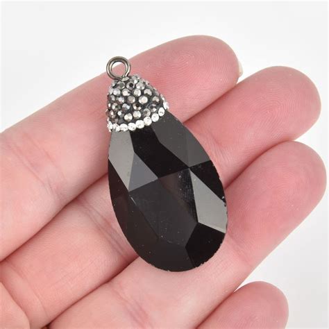Black Crystal Teardrop Charm Pendant with rhinestone micro pave bead cap, 1-3/4" chs5471 | Black ...
