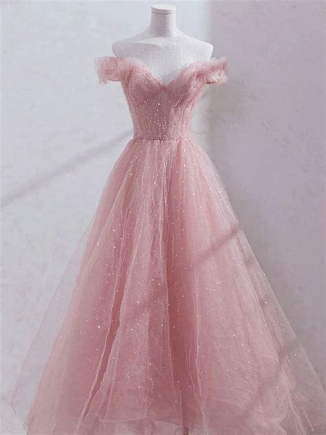 Cute Pink Tulle Sequins Long Off Shoulder Party Dress, Pink Formal ...