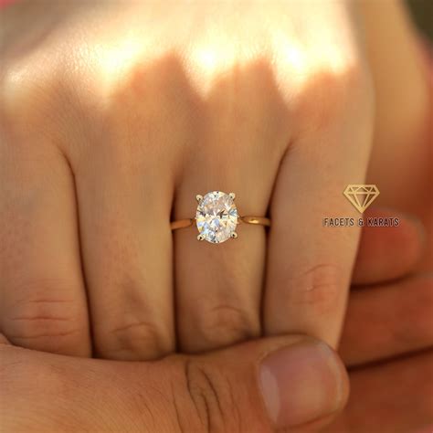 3 Carat Oval Engagement Ring Thin Band, 14K Gold Oval Solitaire Ring ...