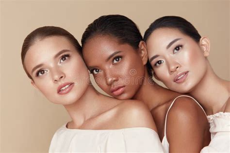 Beauty. Diversity Group of Models Portrait. Multicultural Women with Nude Makeup and Smooth ...