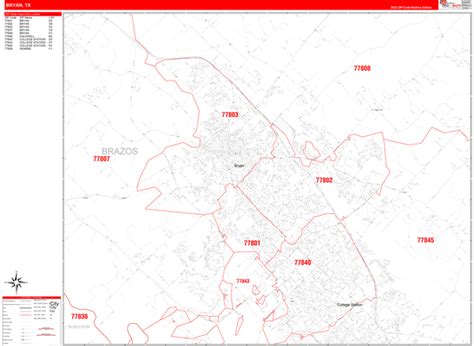 Bryan Texas Zip Code Wall Map (Red Line Style) by MarketMAPS - MapSales