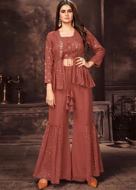 Pink Georgette Crop Top Sharara Suit With Shrug – Mehak, 56% OFF