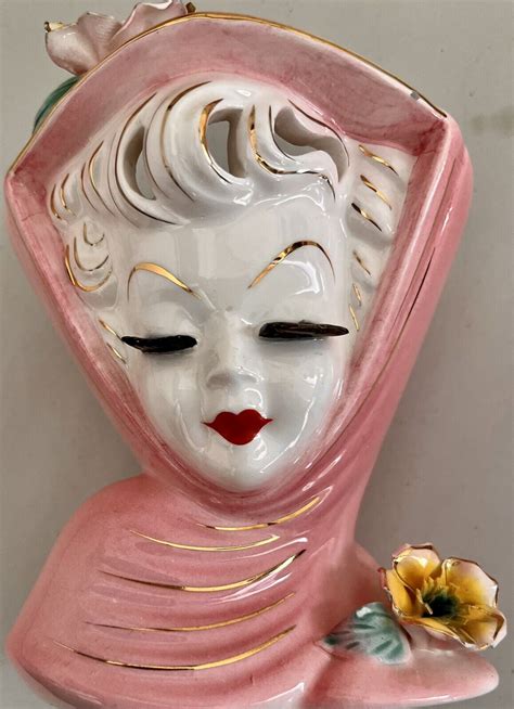 lady head vases vintage dressed in pink with yellow rose | eBay