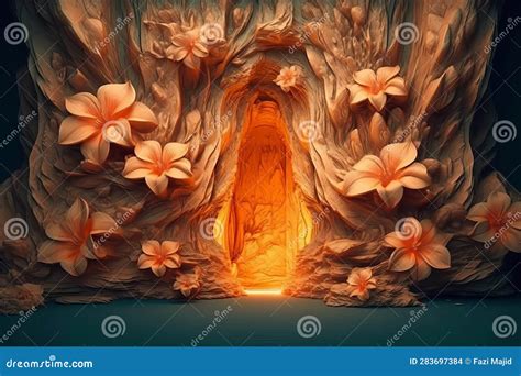 Ethereal Summer Flowers Carved Fire Door at the End of World. Digital ...