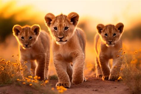 Premium AI Image | Lion cubs in the African savannah during the golden hour of the day AI generated