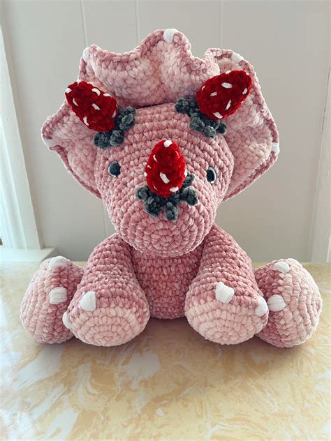 Jumbo pink dinosaur strawberry dino handmade crochet amigurumi plushie kawaii stuffed animal ...