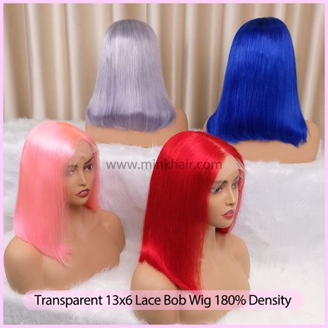 Ready Made Pink Red Blue Grey Color Transparent 13x6 Lace Bob Wig 180% ...