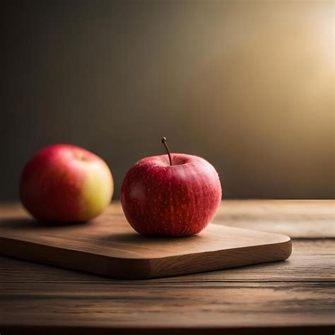 Premium AI Image | a red apple and a yellow apple on a wooden table.