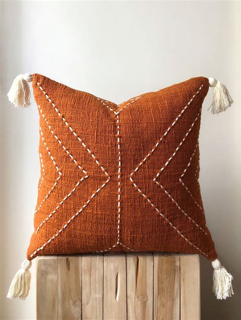 Burnt Orange Pillow with Tassels. Organic Natural Raw Cotton. Hand-dyed ...