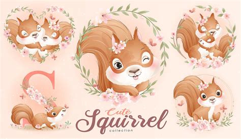 Cute Squirrel Clipart With Watercolor Illustration Set | Etsy