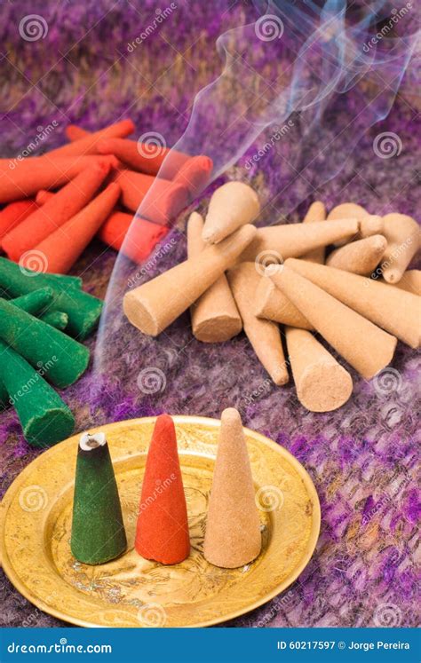 Colored and Perfumed Incense Cones Burning Stock Image - Image of smoke ...