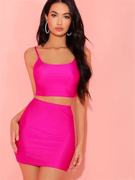 Hot Neon Pink Sleeveless Spaghetti Strap Cami Crop Top & Skirt Set in 2020 | Crop top skirt set ...