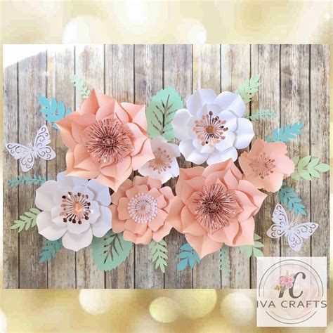 Paper Flower Set of 7 in Peach White & Rose Gold Paper - Etsy | Paper flower backdrop wedding ...