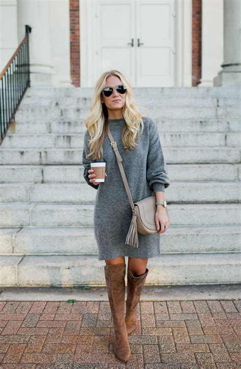 Gray Sweater Dress Outfit, Dress Outfit With Boots, Winter Dress Outfits, Fall Dress Outfit ...