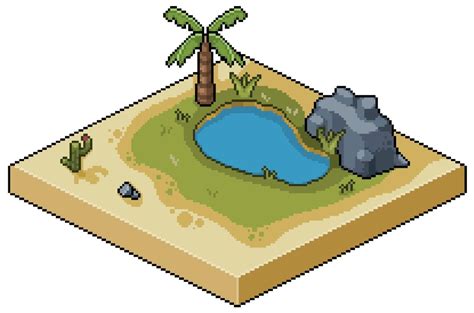 Pixel art isometric oasis desert with lake, grass, palm tree, cactus and stones 8bit game ...