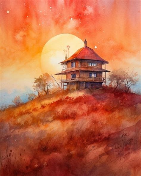 Premium AI Image | A watercolor painting of a house on a hill