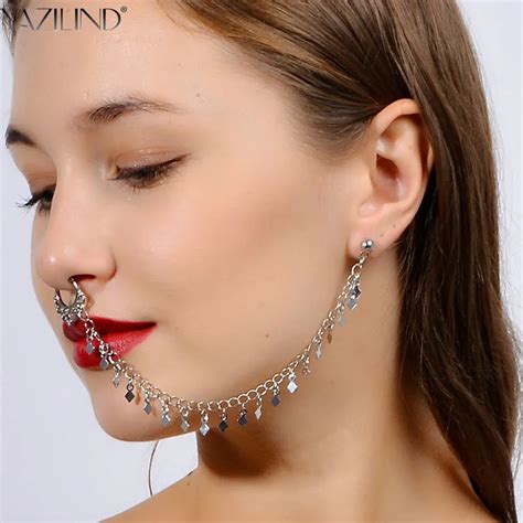 Yazilind New Punk Thai Style Tassel Fake Septum And Studs Earring Chain ...