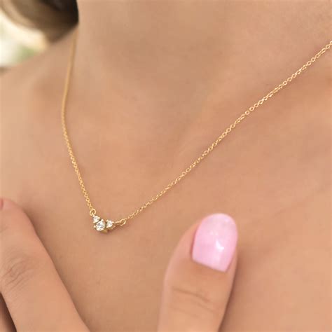 14k Gold Diamond Necklace, Dainty Diamond Necklace, Three Diamond Necklace, Delicate Necklace ...