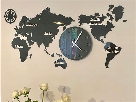 Large wall clock World Map, Silent black clock with numbers, Modern clock 110cm x 55cm / 43,31 x ...