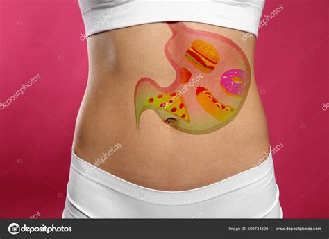 Woman Image Stomach Full Junk Food Drawn Her Belly Pink Stock Photo by ...