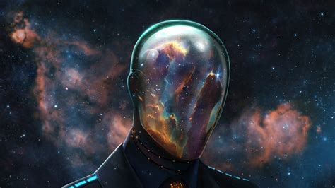 Character wearing mask with galaxy background digital wallpaper, science fiction, artwork, Dan ...