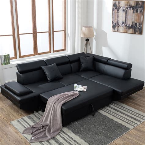 Contemporary Sectional Modern Sofa Bed - Black With Functional Armrest ...
